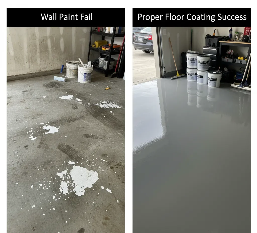 before-and-after photo of a concrete garage floor