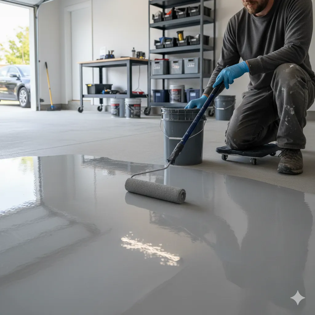 person applying epoxy floor paint with a roller on a smooth concrete floor