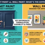 A side-by-side comparison infographic showing the differences between cabinet paint and wall paint, highlighting durability, finish, and application surfaces.