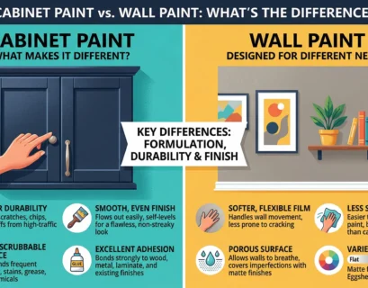 A side-by-side comparison infographic showing the differences between cabinet paint and wall paint, highlighting durability, finish, and application surfaces.