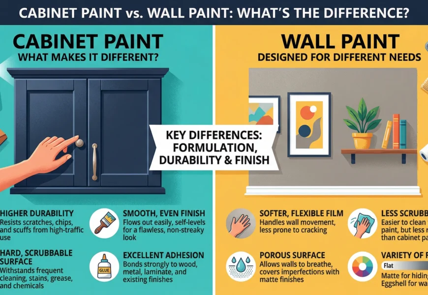 A side-by-side comparison infographic showing the differences between cabinet paint and wall paint, highlighting durability, finish, and application surfaces.