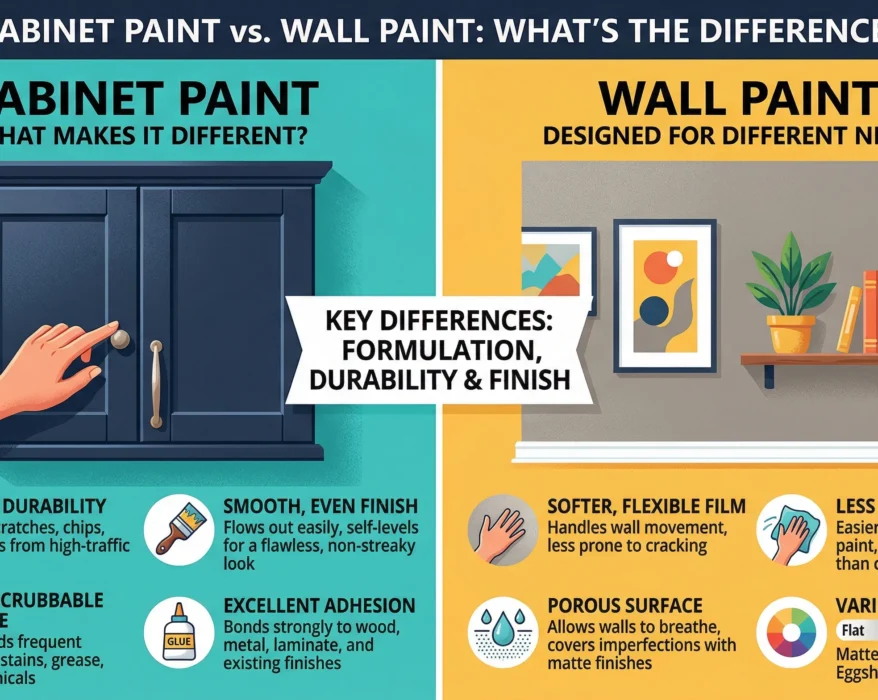A side-by-side comparison infographic showing the differences between cabinet paint and wall paint, highlighting durability, finish, and application surfaces.