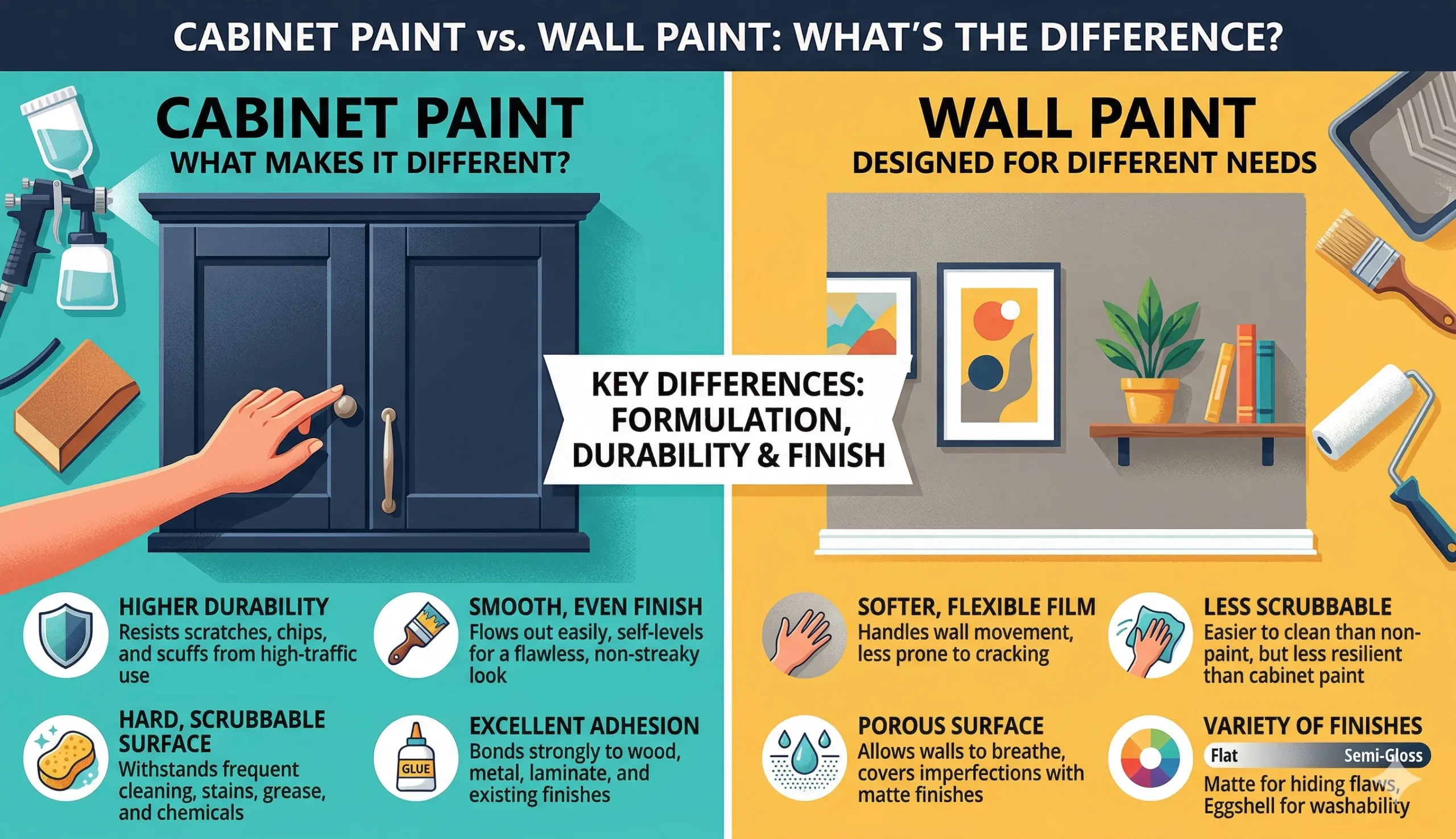 A side-by-side comparison infographic showing the differences between cabinet paint and wall paint, highlighting durability, finish, and application surfaces.