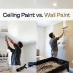 Ceiling paint vs wall paint comparison showing a painter applying ultra flat white ceiling paint on the left and satin beige wall paint on the right