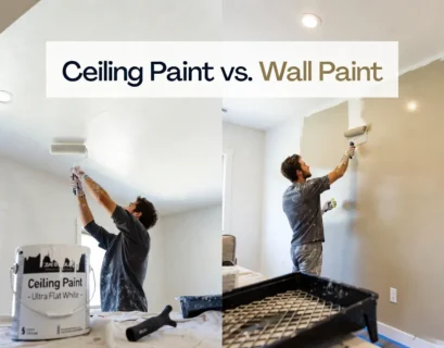 Ceiling paint vs wall paint comparison showing a painter applying ultra flat white ceiling paint on the left and satin beige wall paint on the right