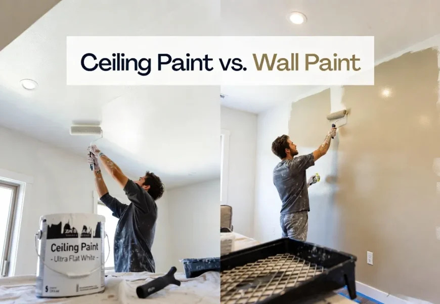 Ceiling paint vs wall paint comparison showing a painter applying ultra flat white ceiling paint on the left and satin beige wall paint on the right