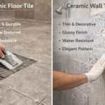 What is the difference between ceramic floor tiles and ceramic wall tiles? Split view comparison showing thick durable floor tiles vs thinner decorative wall tiles