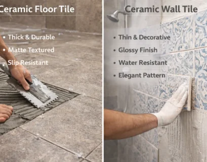 What is the difference between ceramic floor tiles and ceramic wall tiles? Split view comparison showing thick durable floor tiles vs thinner decorative wall tiles