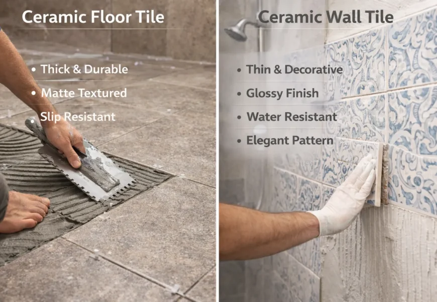 What is the difference between ceramic floor tiles and ceramic wall tiles? Split view comparison showing thick durable floor tiles vs thinner decorative wall tiles