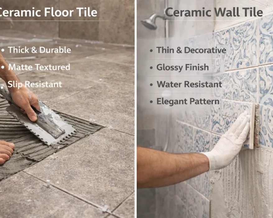 What is the difference between ceramic floor tiles and ceramic wall tiles? Split view comparison showing thick durable floor tiles vs thinner decorative wall tiles