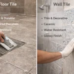 What is the difference between floor tile and wall tile? Split view showing durable floor tiles on the ground versus lighter wall tiles installed vertically