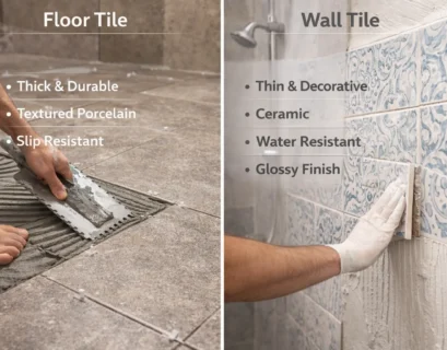 What is the difference between floor tile and wall tile? Split view showing durable floor tiles on the ground versus lighter wall tiles installed vertically
