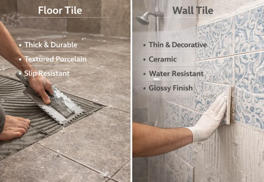 What is the difference between floor tile and wall tile? Split view showing durable floor tiles on the ground versus lighter wall tiles installed vertically