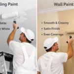 Is there a difference between paint for ceilings and walls? Split view comparison of ultra flat ceiling paint vs satin wall paint application