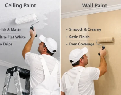 Is there a difference between paint for ceilings and walls? Split view comparison of ultra flat ceiling paint vs satin wall paint application