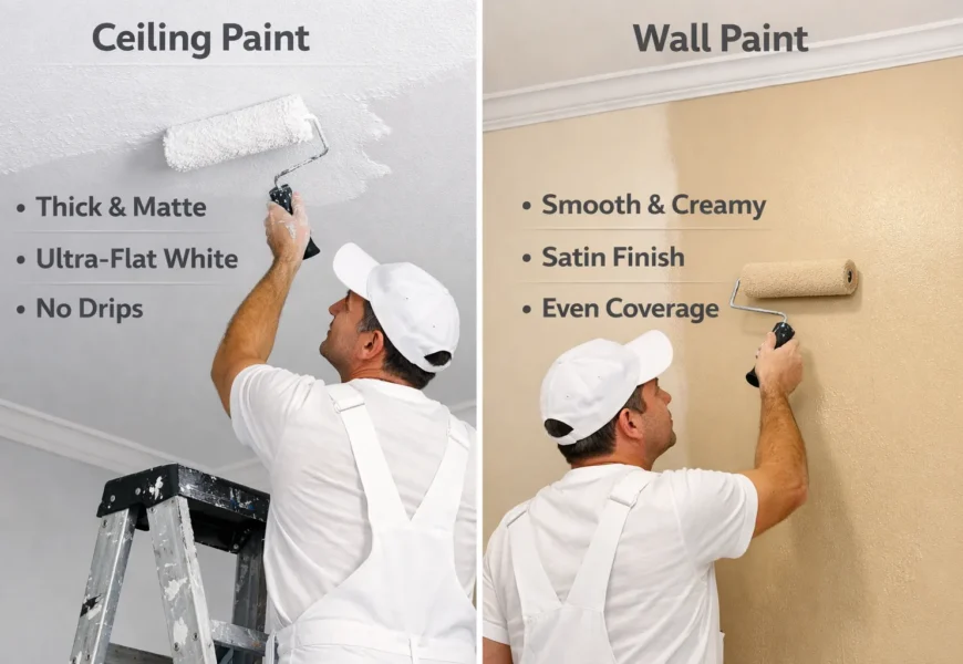 Is there a difference between paint for ceilings and walls? Split view comparison of ultra flat ceiling paint vs satin wall paint application
