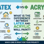 A side-by-side comparison infographic showing the differences between latex and acrylic wall paint, featuring icons for durability, drying time, and application surfaces.