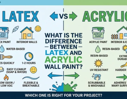A side-by-side comparison infographic showing the differences between latex and acrylic wall paint, featuring icons for durability, drying time, and application surfaces.