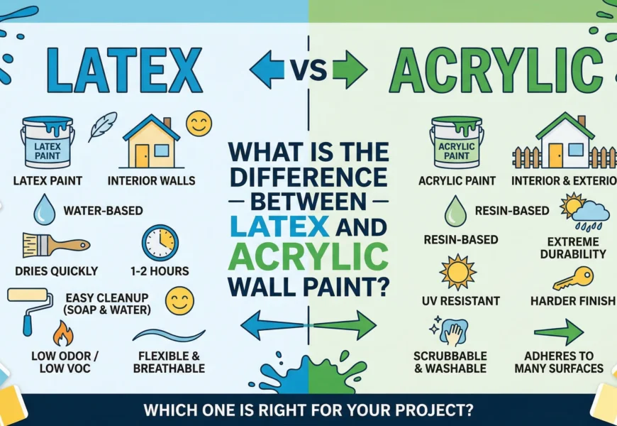 A side-by-side comparison infographic showing the differences between latex and acrylic wall paint, featuring icons for durability, drying time, and application surfaces.