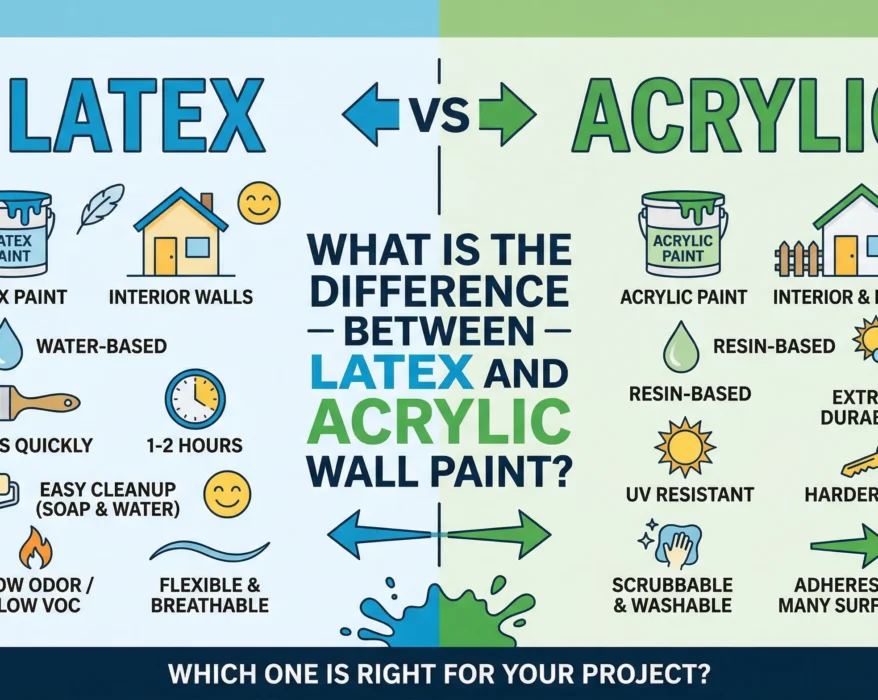 A side-by-side comparison infographic showing the differences between latex and acrylic wall paint, featuring icons for durability, drying time, and application surfaces.