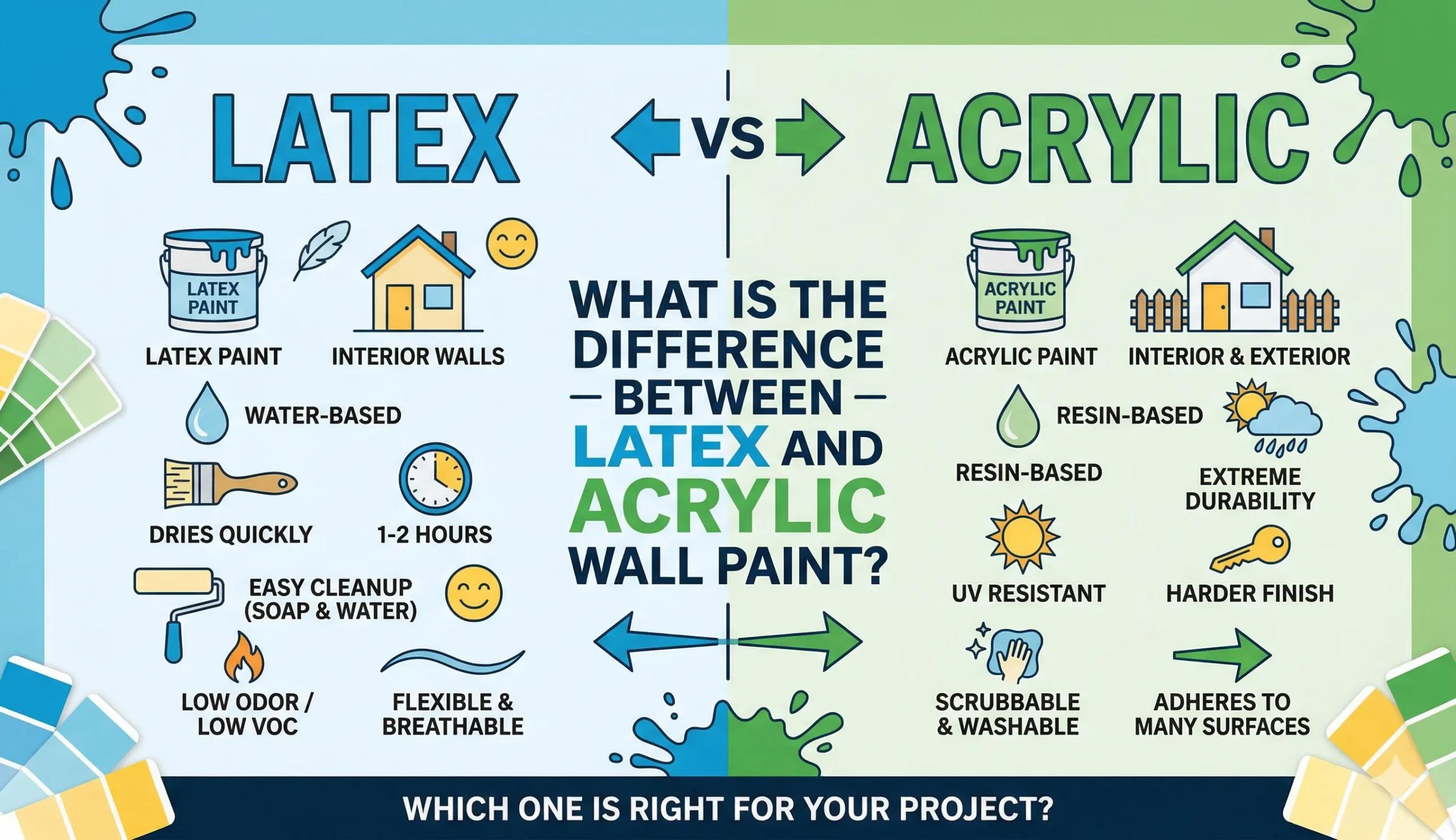 A side-by-side comparison infographic showing the differences between latex and acrylic wall paint, featuring icons for durability, drying time, and application surfaces.
