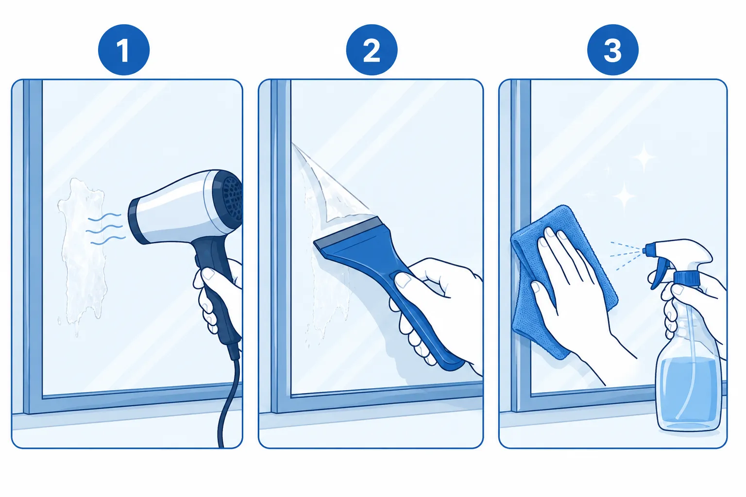 Illustrated 3-step process showing heating, scraping, and cleaning tape residue off glass