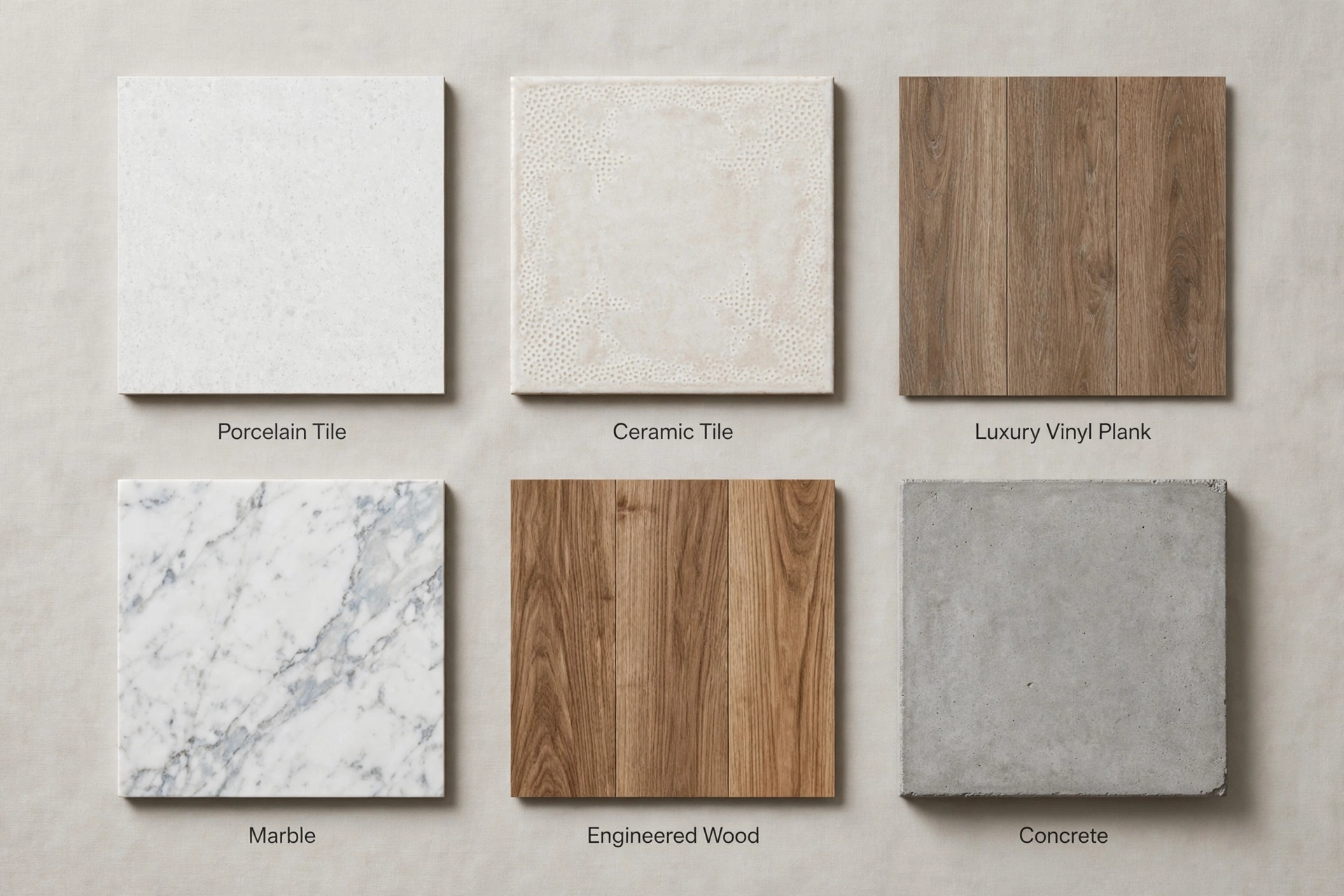 comparison of porcelain ceramic vinyl stone wood and concrete bathroom floor samples
