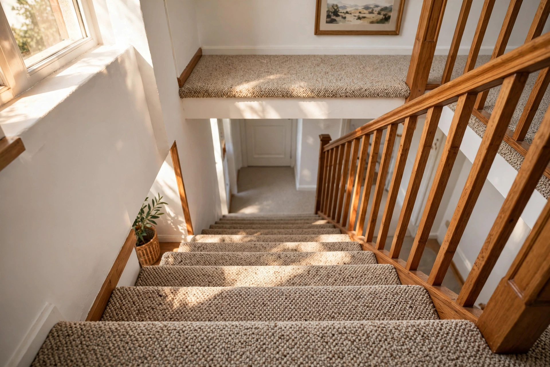 staircase with berber loop pile carpet for high traffic wear