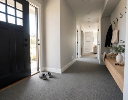 hallway and entryway with durable low pile carpet for high traffic