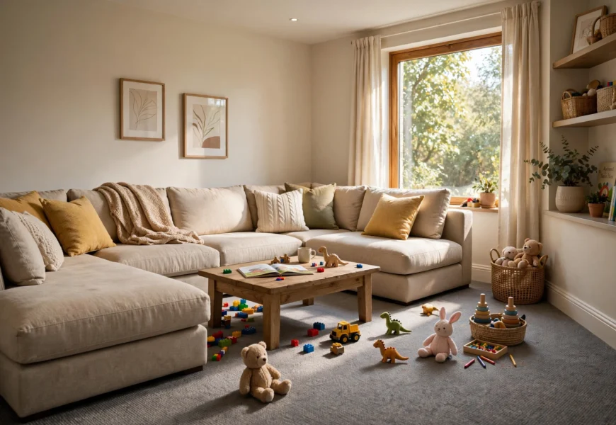 family room with durable low pile carpet flooring