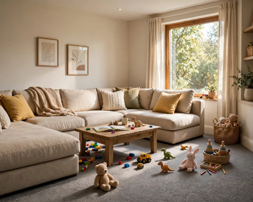 family room with durable low pile carpet flooring