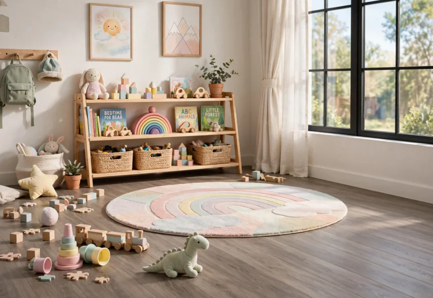 kids bedroom with luxury vinyl plank flooring and soft area rug