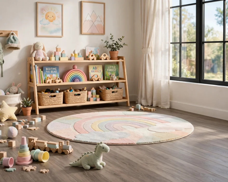 kids bedroom with luxury vinyl plank flooring and soft area rug