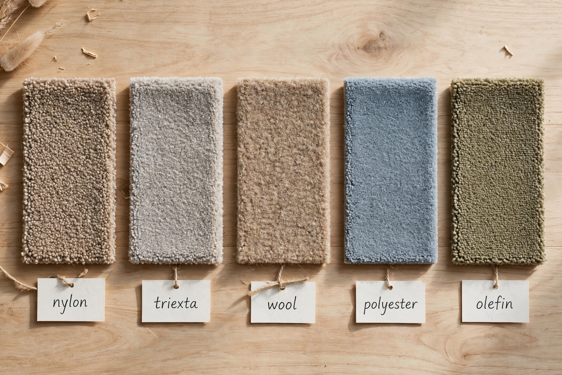 comparison of nylon triexta wool polyester and olefin carpet fiber swatches