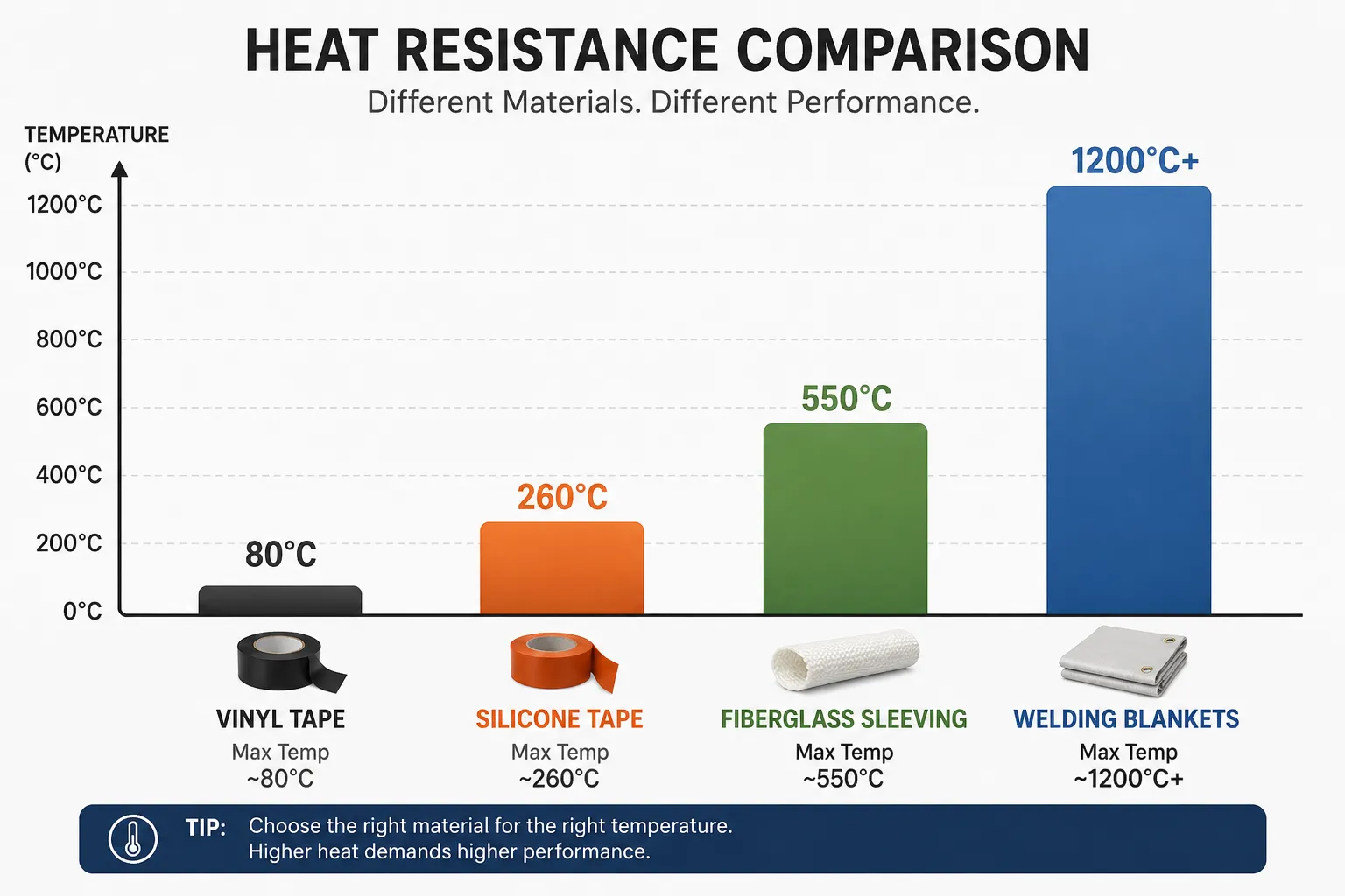 Bar graph comparing heat resistance temperatures of vinyl tape, silicone tape, fiberglass sleeving, and welding blankets