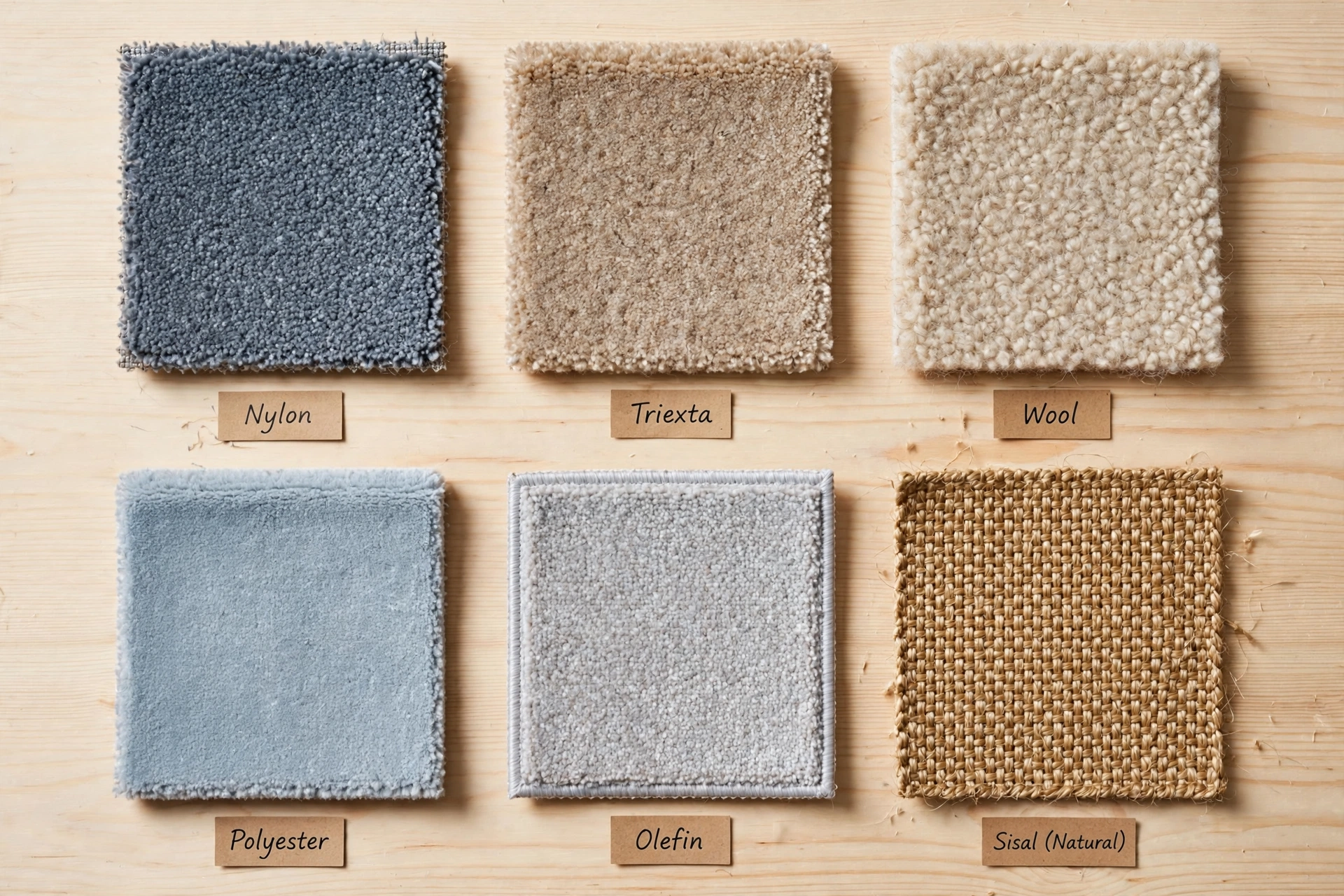 comparison of nylon triexta wool polyester olefin and sisal carpet swatches