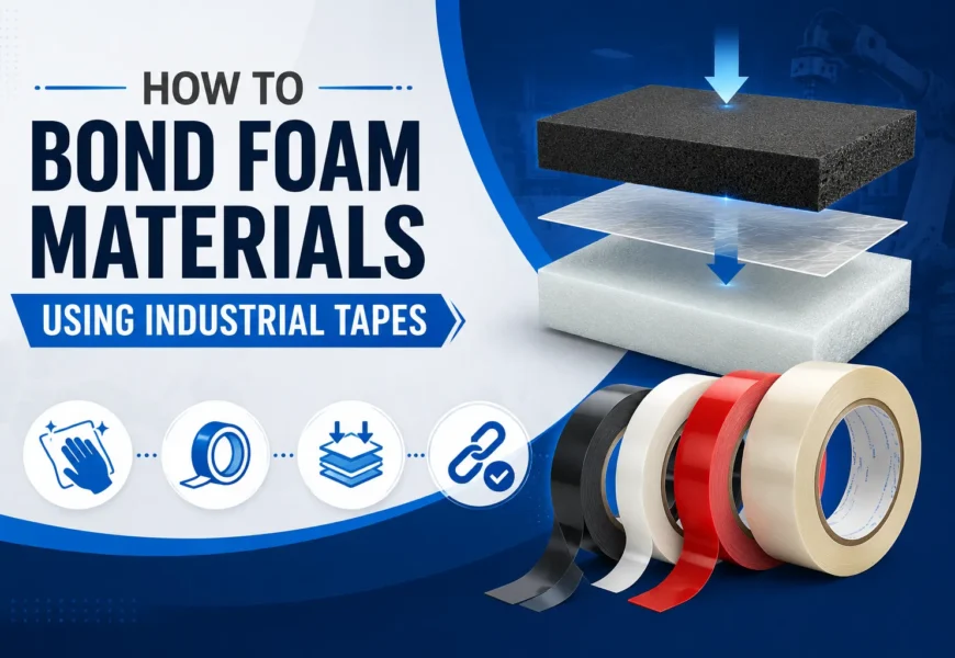 Feature image showing industrial adhesive tapes used to bond foam materials with icons representing surface preparation, tape application, and strong adhesion.