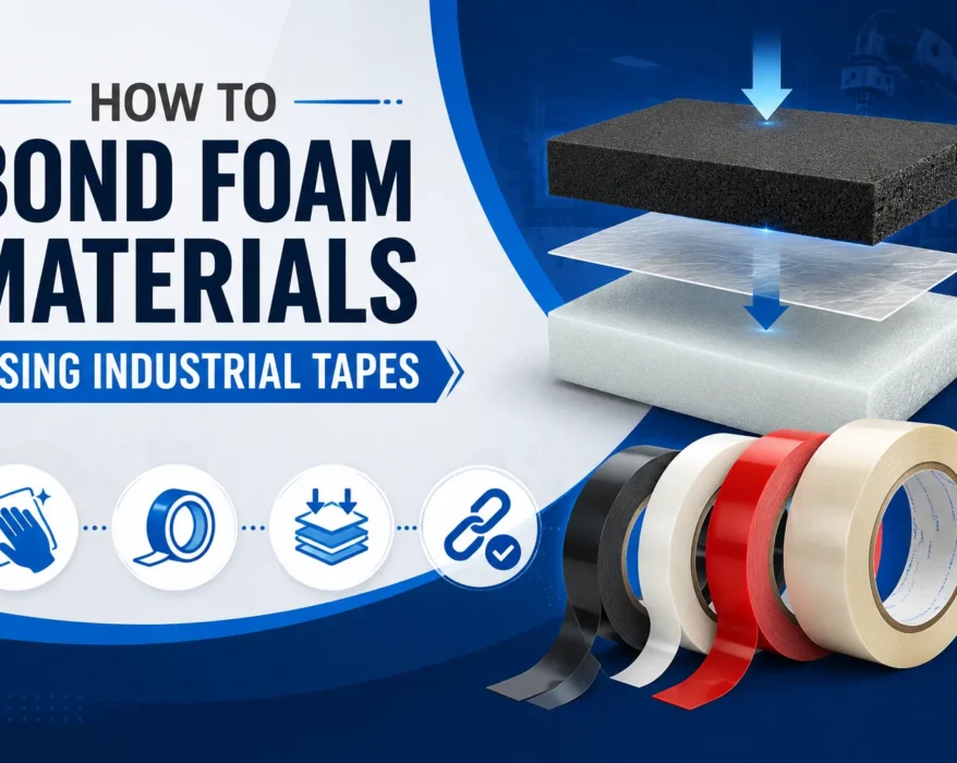 Feature image showing industrial adhesive tapes used to bond foam materials with icons representing surface preparation, tape application, and strong adhesion.