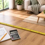 measuring tape across living room floor to calculate square footage