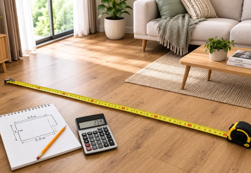 measuring tape across living room floor to calculate square footage