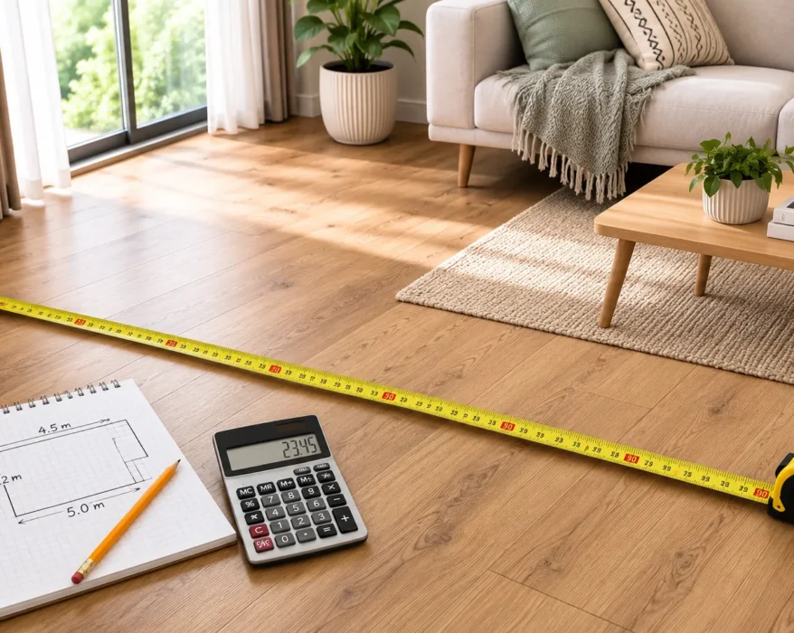 measuring tape across living room floor to calculate square footage