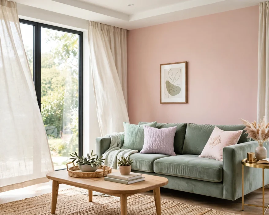 living room decorated with pastel colors and gold accents