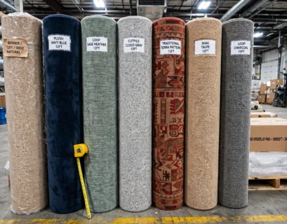 rolled carpet rolls showing standard carpet width in a flooring warehouse