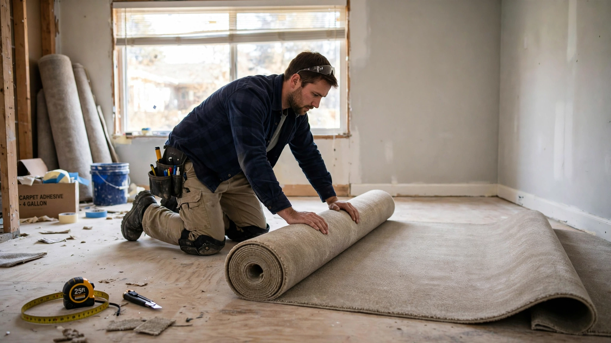 installer unrolling carpet roll to fit room width