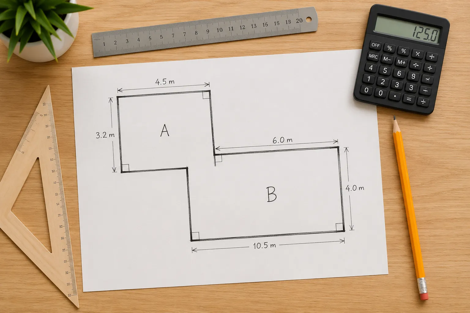 L-shaped room floor plan divided into rectangles for square footage calculation