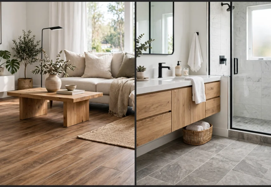 comparison of luxury vinyl plank and luxury vinyl tile flooring in a home