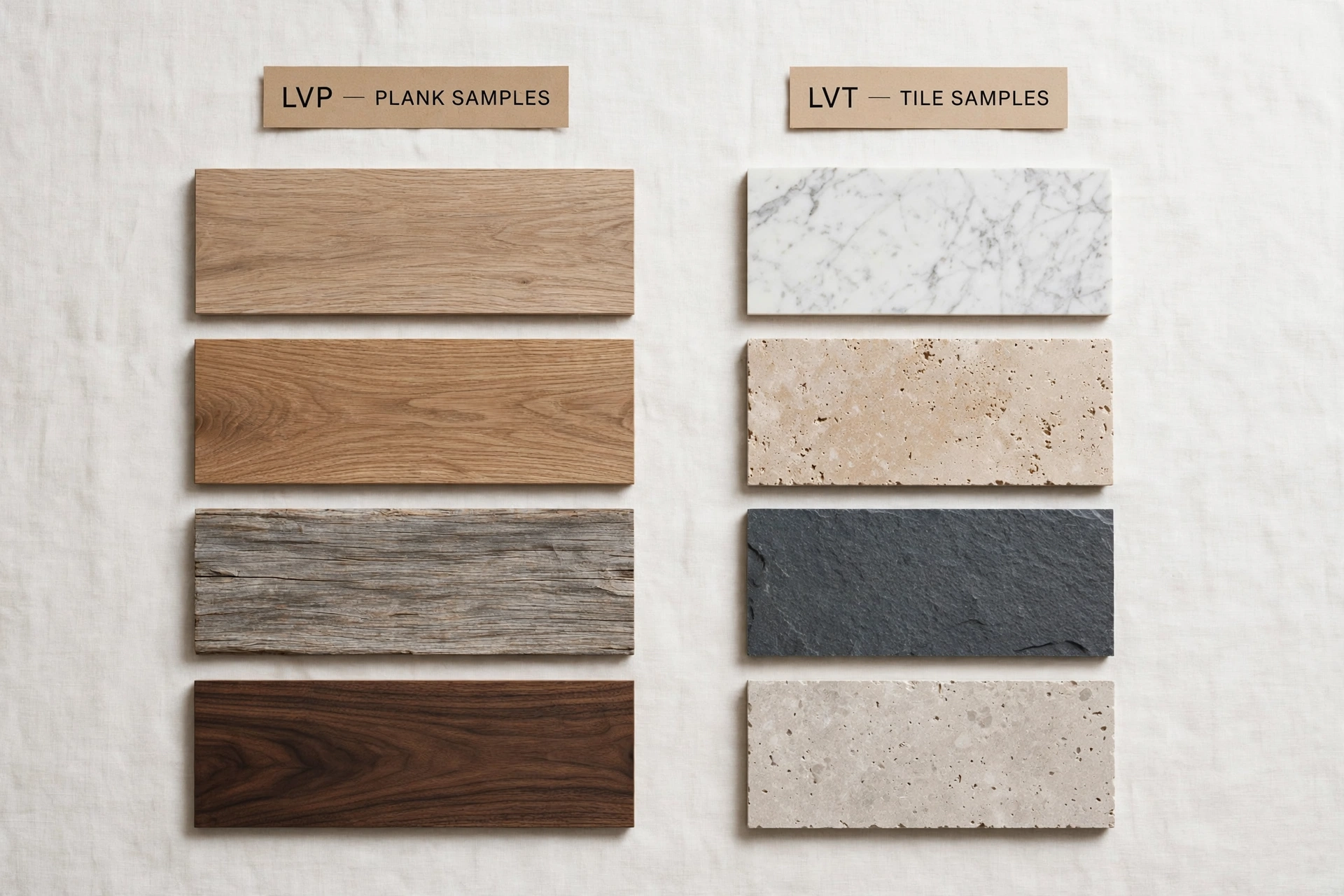 luxury vinyl plank wood samples next to luxury vinyl tile stone samples