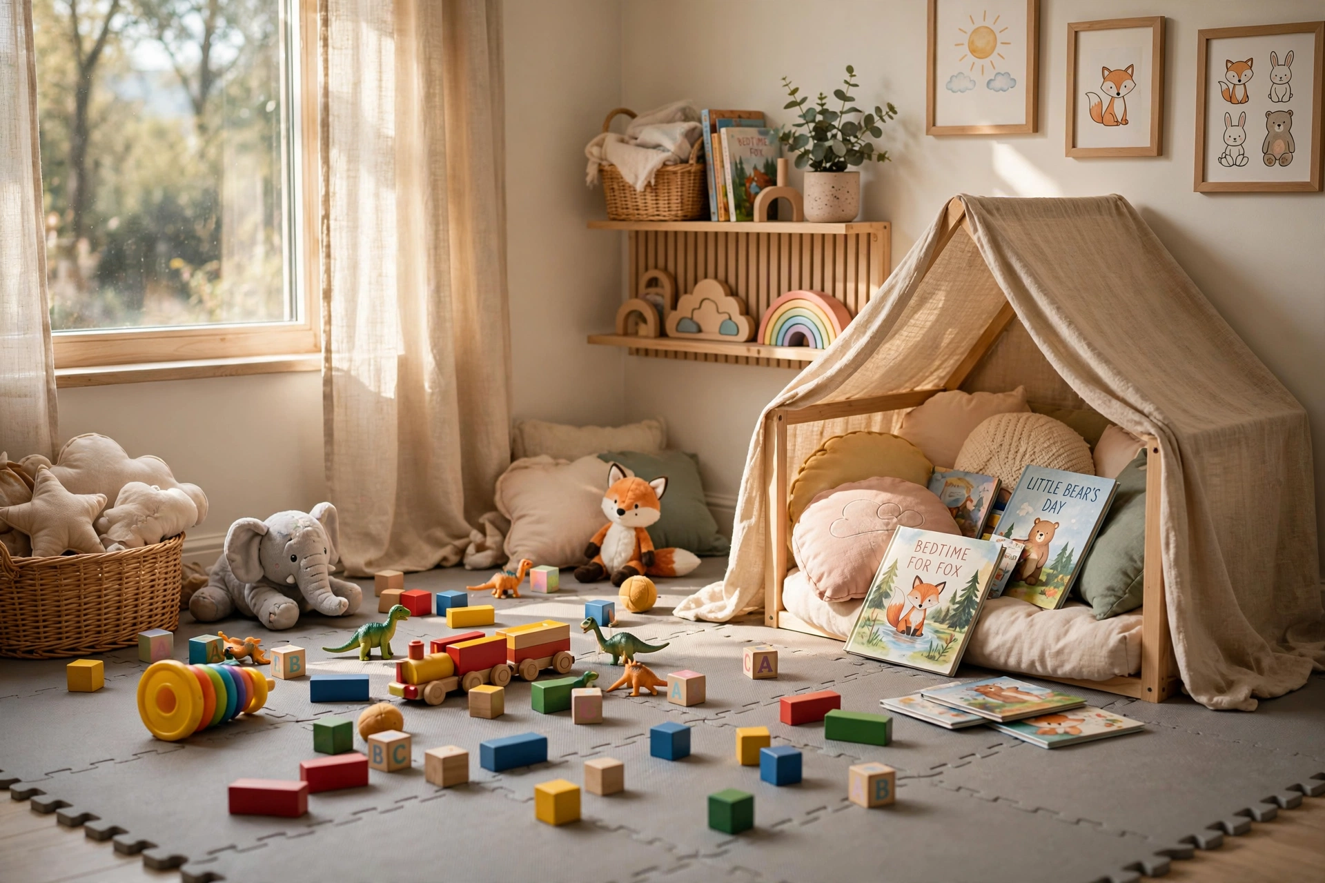 playroom with interlocking foam tile flooring for kids
