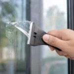 Hand using a plastic scraper to peel industrial double-sided tape off a glass window