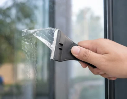 Hand using a plastic scraper to peel industrial double-sided tape off a glass window